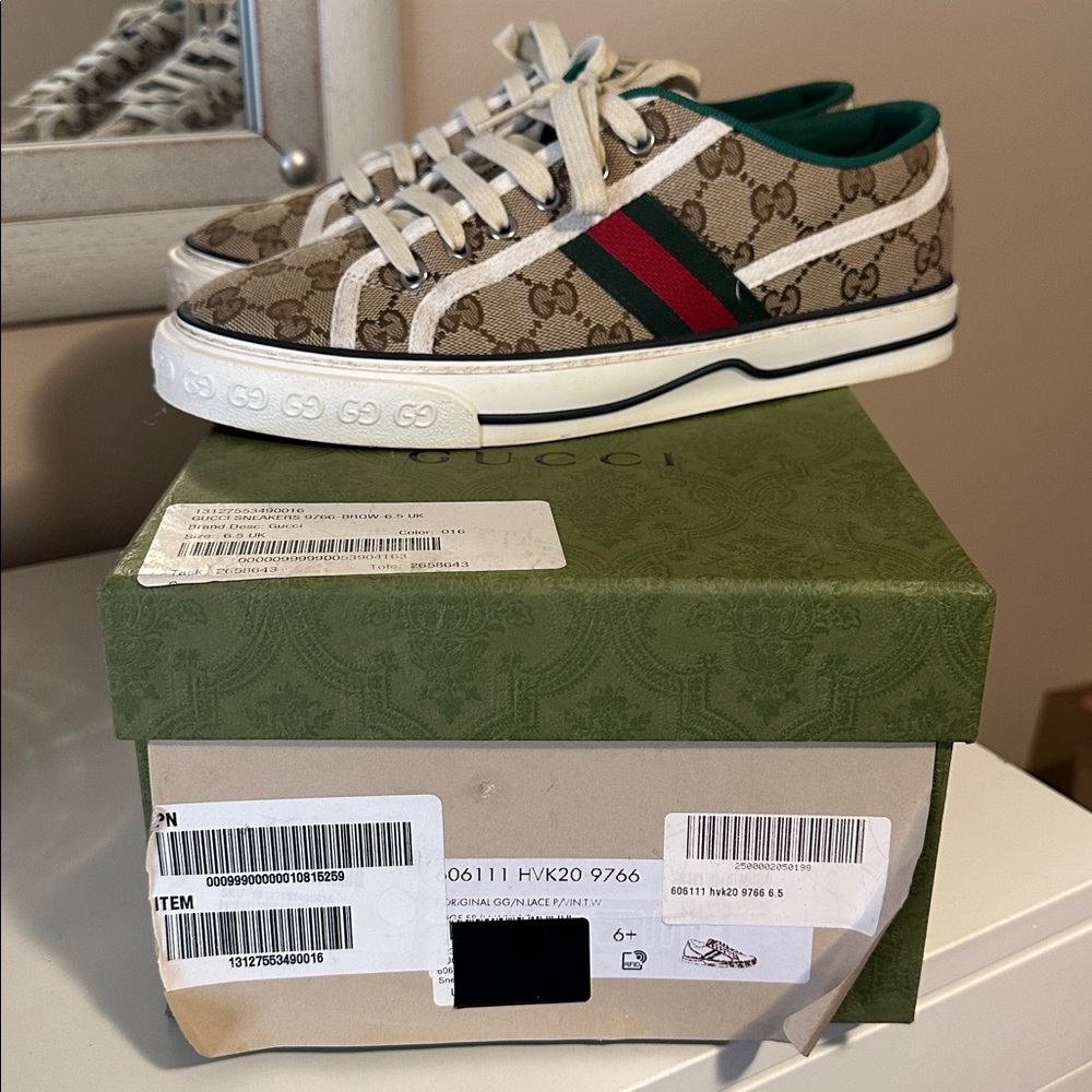 Gucci Beige and Green Canvas Sneakers